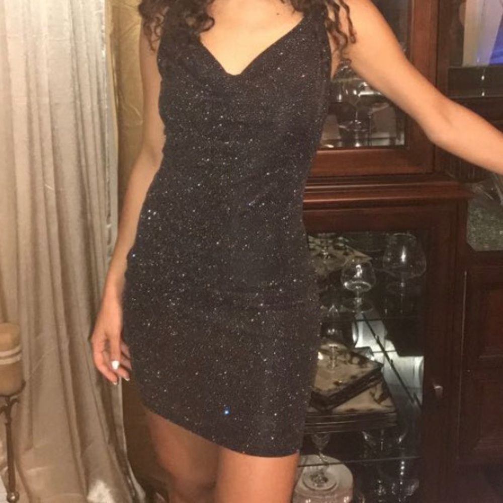Glittery cowl black dress
